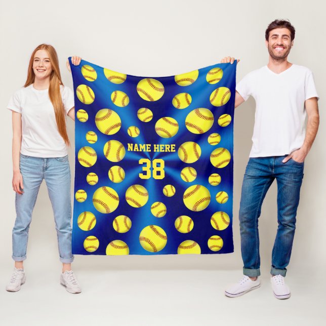 Blauund Goldgelbe personalisierte Softball-Decke Fleecedecke (Beispiel)