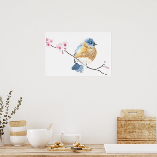 Blauvogel mit Wasserfarbe auf einem Kirschblütenzw Poster (Küche)