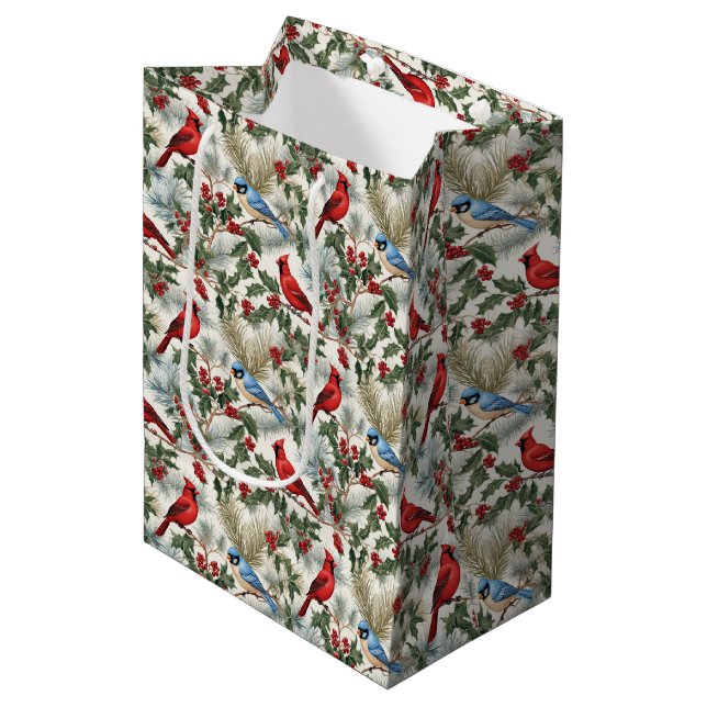 Blauvogelkachelmuster für den WeihnachtsKardinal Mittlere Geschenktüte (Vorderseite Schrägansicht)