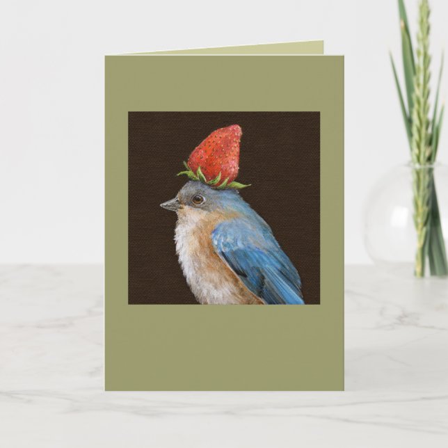 Blauvogelweibchen mit Erdbeerkarte Karte (Vorderseite)