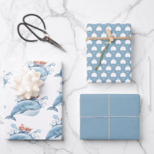 Blauwal-Aquarell-Geburtstag Geschenkpapier Set