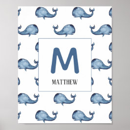 Blauwal Kinderzimmer drucken. Babymonogramm. Name Poster