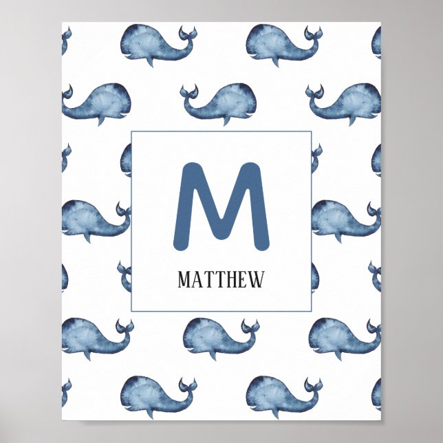 Blauwal Kinderzimmer drucken. Babymonogramm. Name Poster (Vorne)