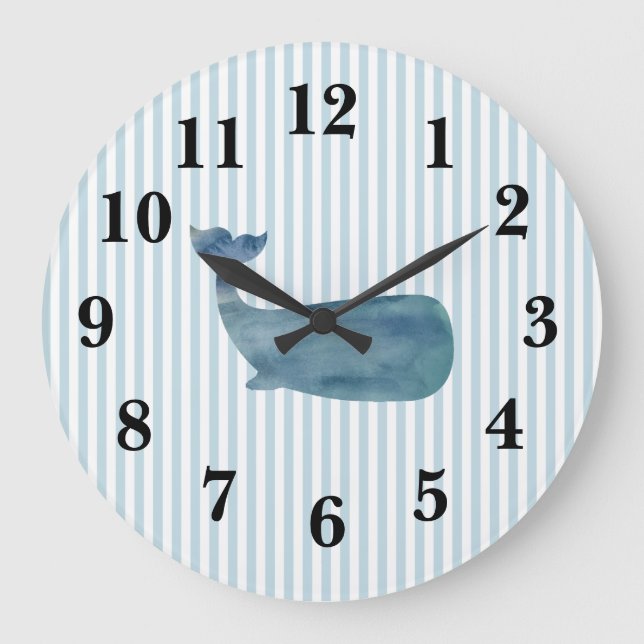 Blauwal-Streifen Preppy Large Clock Große Wanduhr (Vorderseite)