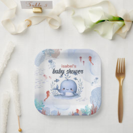 Blauwal unter Meerschweinchen Babydusche Pappteller