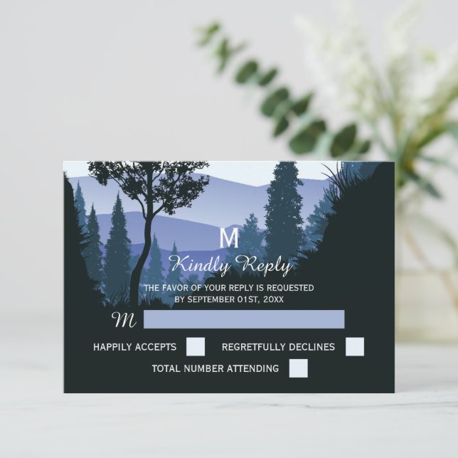Blauwald, rustikale Hochzeit RSVP Karte (Stehend Vorderseite)