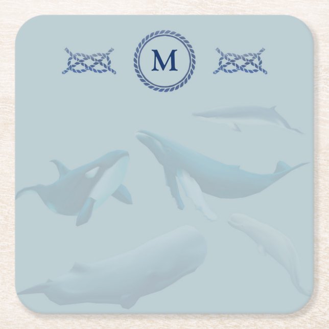 Blauwale mit Monogramm Rechteckiger Pappuntersetzer (Vorderseite)