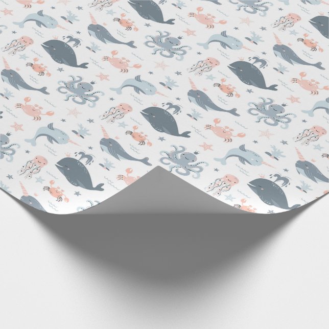 Blauwale Rosa Octopus Neutrale Farben Meer Geschenkpapier (Ecke)