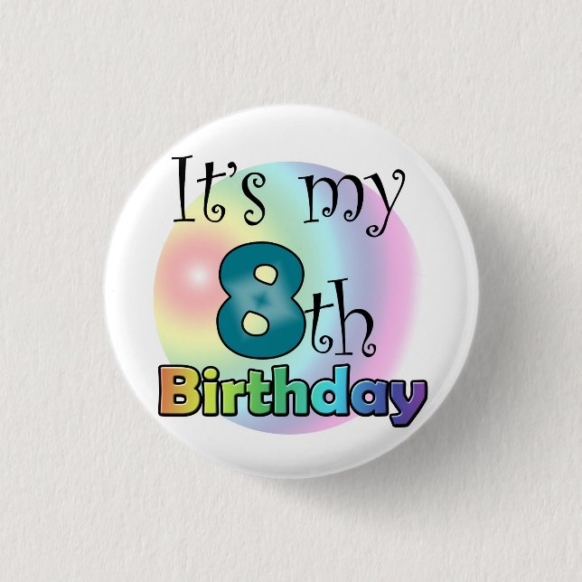 Blauwe It's my 8th Birthday Button (Vorderseite)