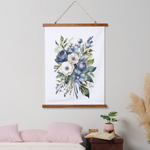 Blauweiße Aquarellfarben Blume Wohngestaltung Wandteppich Mit Holzrahmen