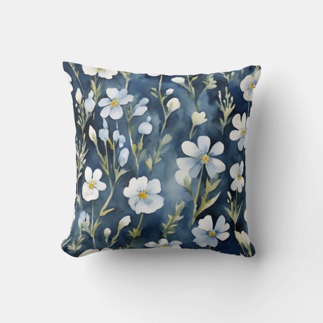 Blauweiße Blume Wasserfarben Chic Kissen (Vorderseite)