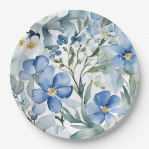 Blauweiße Blume Wasserfarben Chic Pappteller
