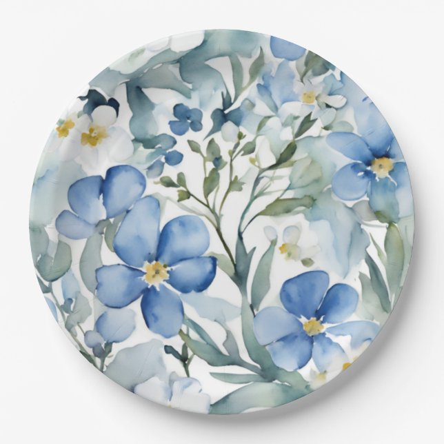 Blauweiße Blume Wasserfarben Chic Pappteller (Vorderseite)