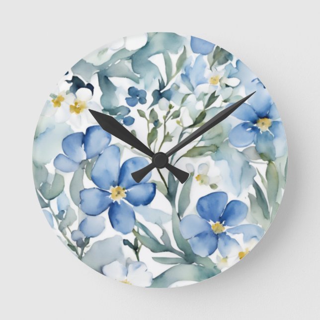 Blauweiße Blume Wasserfarben Chic Runde Wanduhr (Vorderseite)