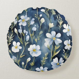 Blauweiße Blume Wasserfarben Chic Rundes Kissen