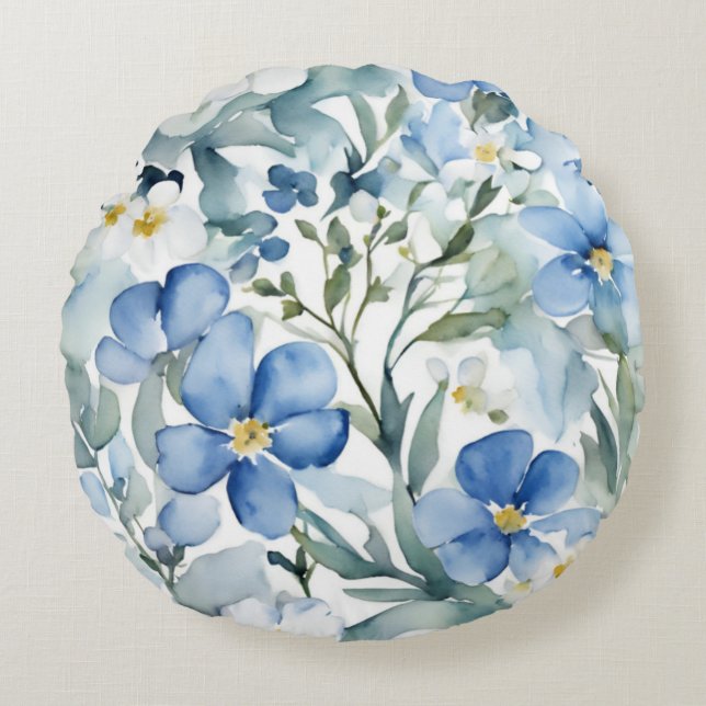 Blauweiße Blume Wasserfarben Chic Rundes Kissen (Vorderseite)
