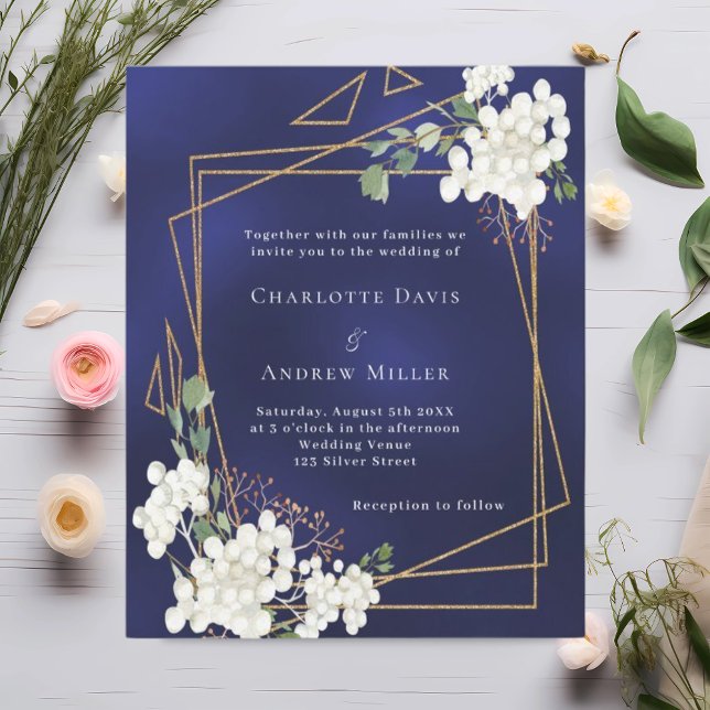 Blauweiße Blumen geometrische Hochzeitseinladung (Von Creator hochgeladen)