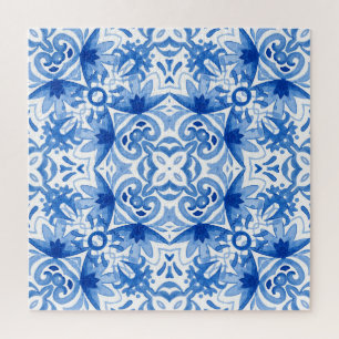 Blauweiße Fliese, Aquarellmuster.