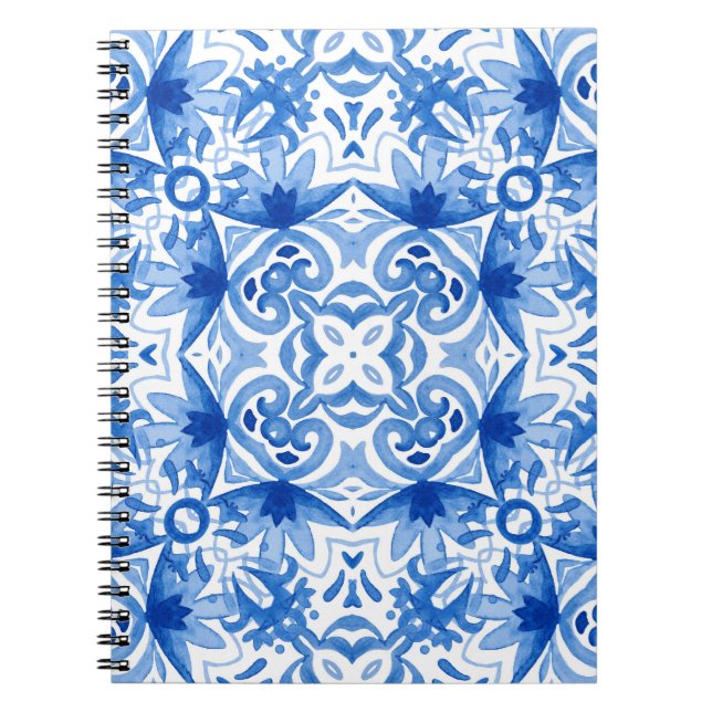Blauweiße Fliese, Aquarellmuster. Notizblock (Vorderseite)