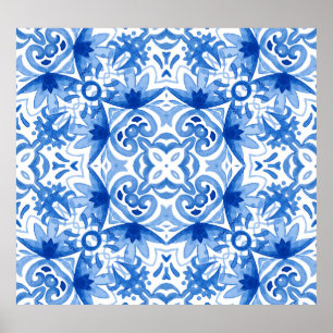 Blauweiße Fliese, Aquarellmuster. Poster
