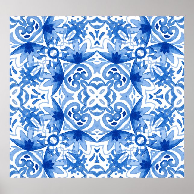 Blauweiße Fliese, Aquarellmuster. Poster (Vorne)