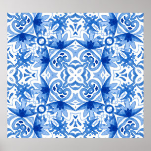 Blauweiße Fliese, Aquarellmuster. Poster