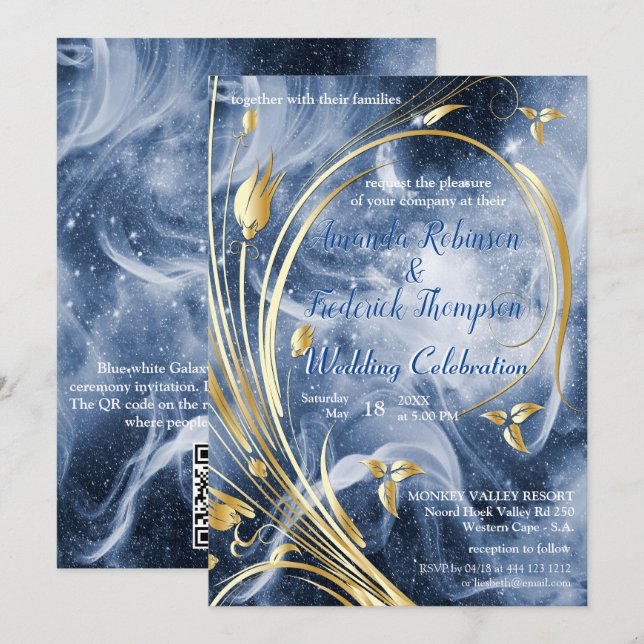 Blauweiße Galaxie mit einer abstrakten Gold-Blume Einladung (Vorne/Hinten)
