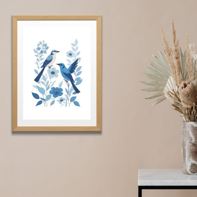 Blauweiße Vögel und blühende Blume Aquarell Poster (Blue Birds and Flowers Watercolor Blue White Floral Botanical Nature Wall Art Poster Print)