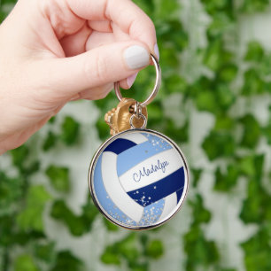 Blauweißer Volleyball mit winzigen Silberstern Akz Schlüsselanhänger