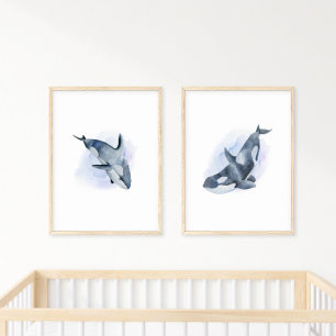 Blauweißes Aquarell-Orca-Schwertwal Poster