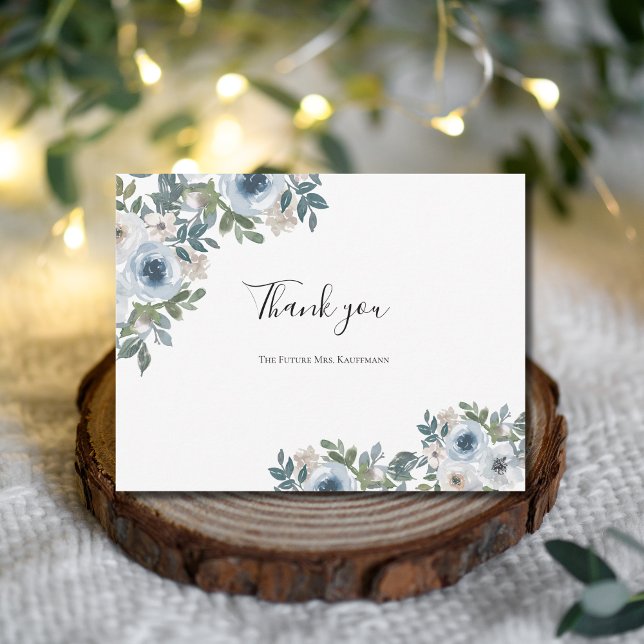 Blauweißes Brautparty Dankeskarte (Blue white Watercolor Floral with Greenery Bridal Shower or Wedding Thank you card)