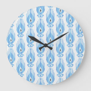 Blauweißes Ikat-Muster Große Wanduhr