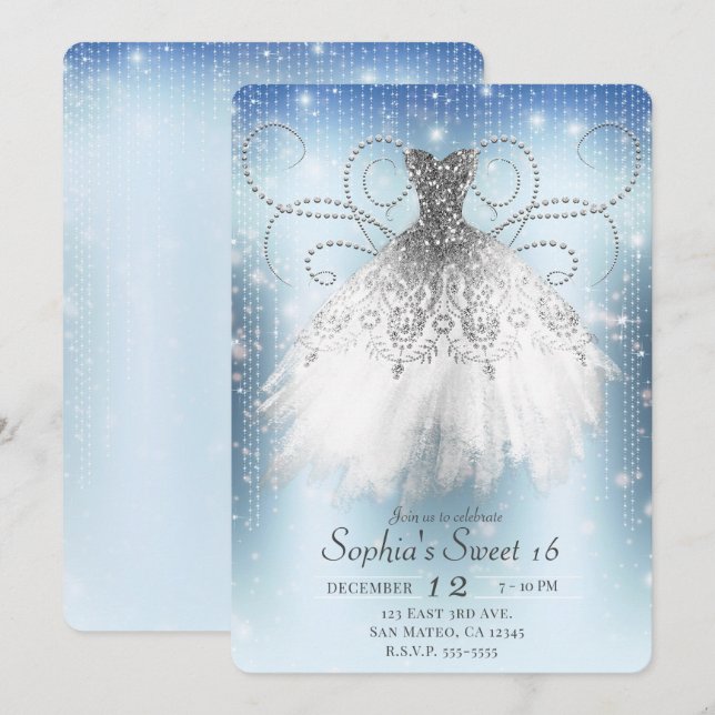Blauweißes Silberdruckkleid Sweet 16 Party Einladung (Vorne/Hinten)