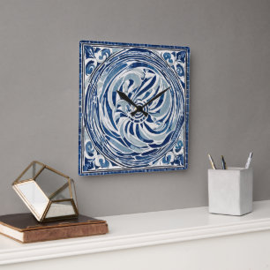 Blauweißes Swirl-Muster 02 Quadratische Wanduhr
