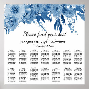Blauweißes Wasserfarbenflorentafel für Hochzeiten Poster