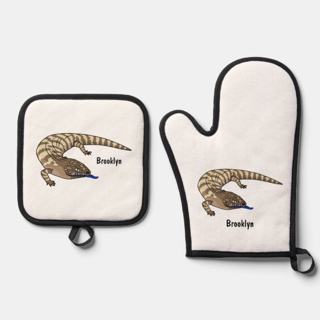 Blauzungenreptilierer Cartoon Ofenhandschuh & Topflappen-Set (Vorderseite)