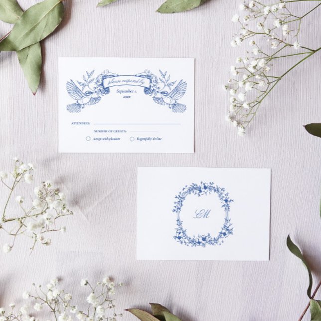 Blauzungenvögel Hochzeit RSVP Karte (RSVP card for a toile french blue wedding stationery suite with victorian florals and birds)