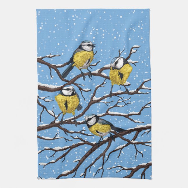 Blauzungenvögel im Winter Geschirrtuch (Vertikal)