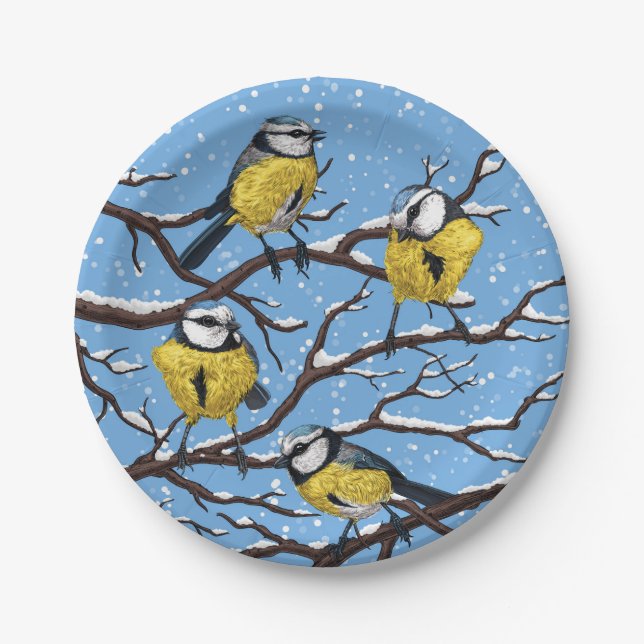 Blauzungenvögel im Winter Pappteller (Vorderseite)
