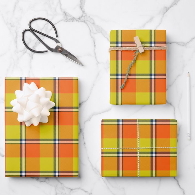 Blaze Orange and Bird Flower Plaid Geschenkpapier Set (Vorderseite)