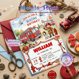 Blazing Fire Truck Firefighter Kids Birthday Einladung
