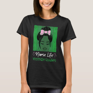 Bleached Nurse Life Messy Bun Leopard St Patricks T-Shirt