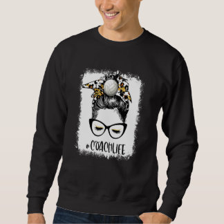 Bleached Volleyball Coach Life Leopard Messy Bun V Sweatshirt