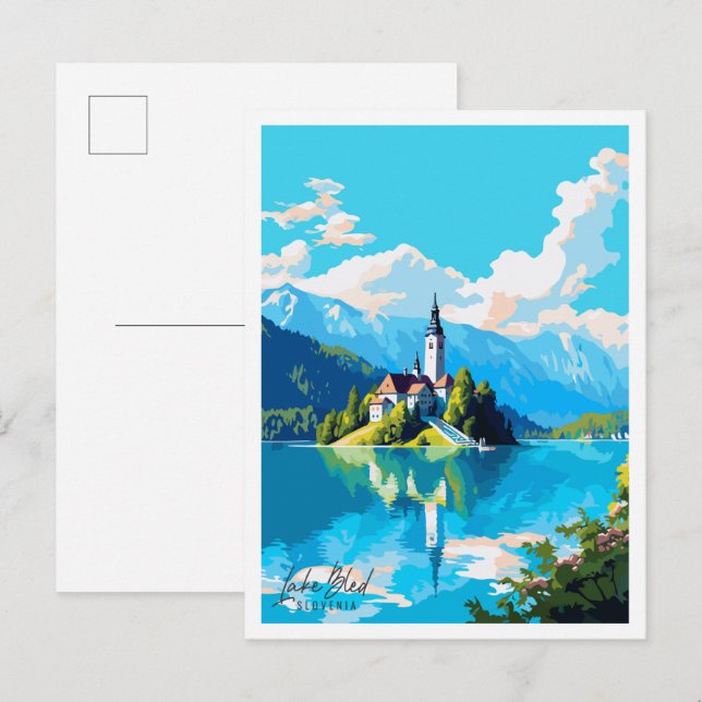 Bled Slovenien Vintage Illustration Postkarte (Vorne/Hinten)