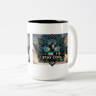 "Bleib Cool – Geometrisches Vogelmotiv-Tasse für E Zweifarbige Tasse