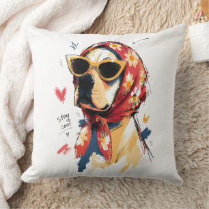 Bleib cool Hund mit floralem Kopftuch und Sonnenbr Kissen