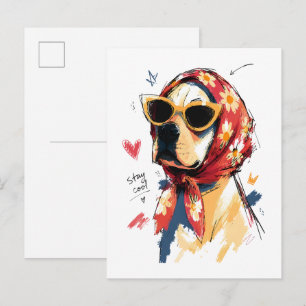 Bleib cool Hund mit floralem Kopftuch und Sonnenbr Postkarte