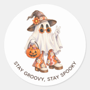 Bleib groovy, bleib spooky Retro-Halloween-Geist Runder Aufkleber