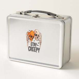 Bleib gruselig PNG, Retro-Totenkopf Halloween Metall Brotdose