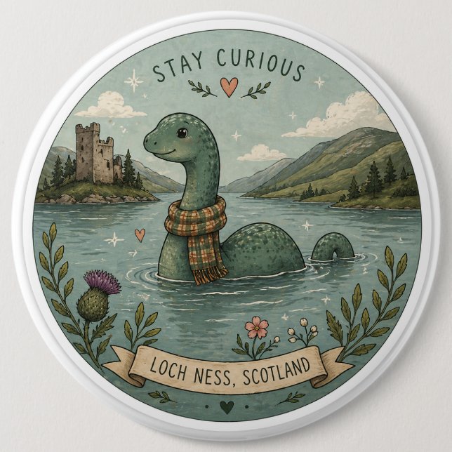 Bleib Neugierig Gemütlich Kryptid Nessie Loch Ness Button (Vorderseite)